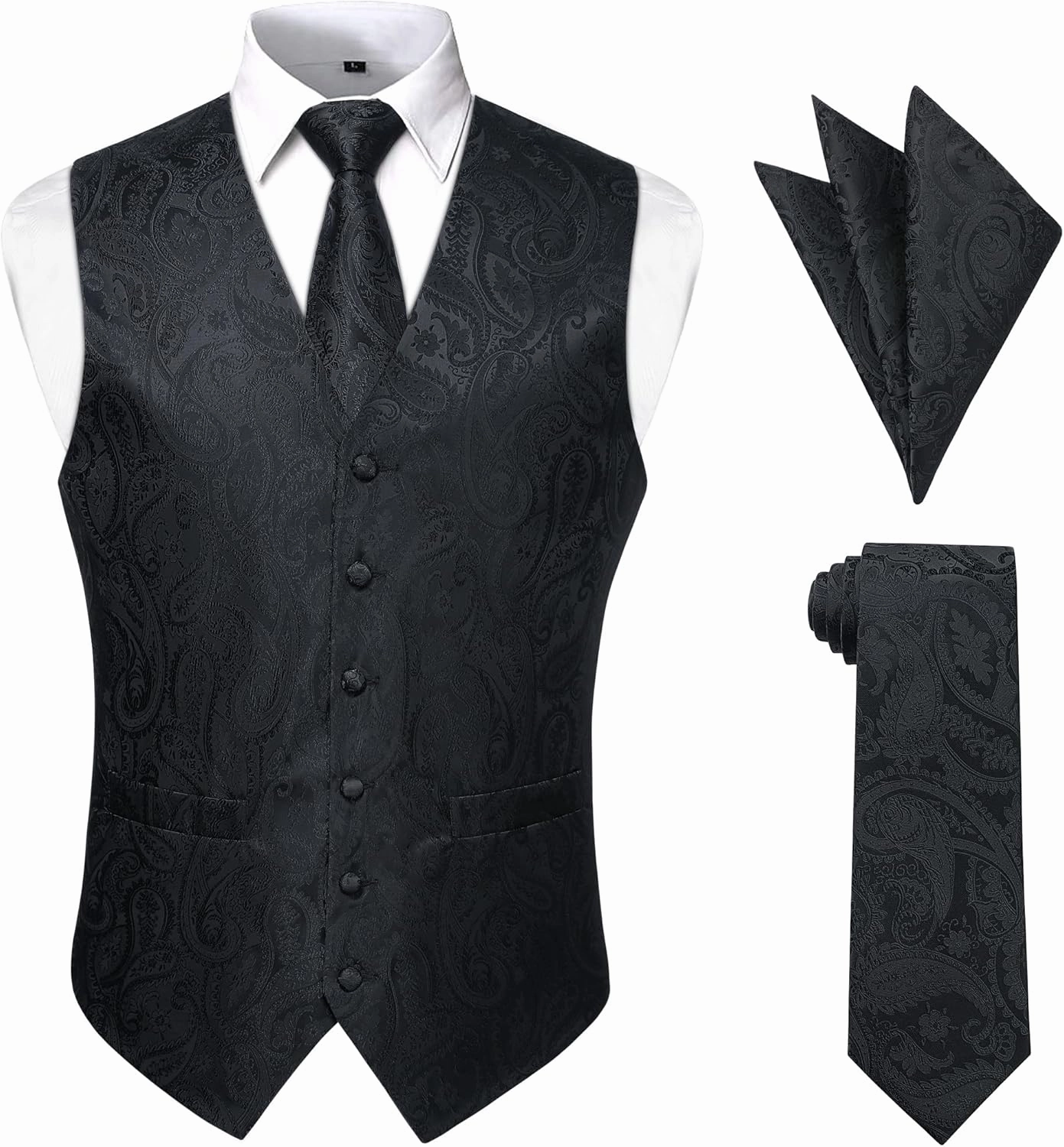 Enlision Mens Vest Tie Set Paisley Vest and Necktie Pocket Square 3pc Formal Dress Waistcoat for Suit or Tuxedo