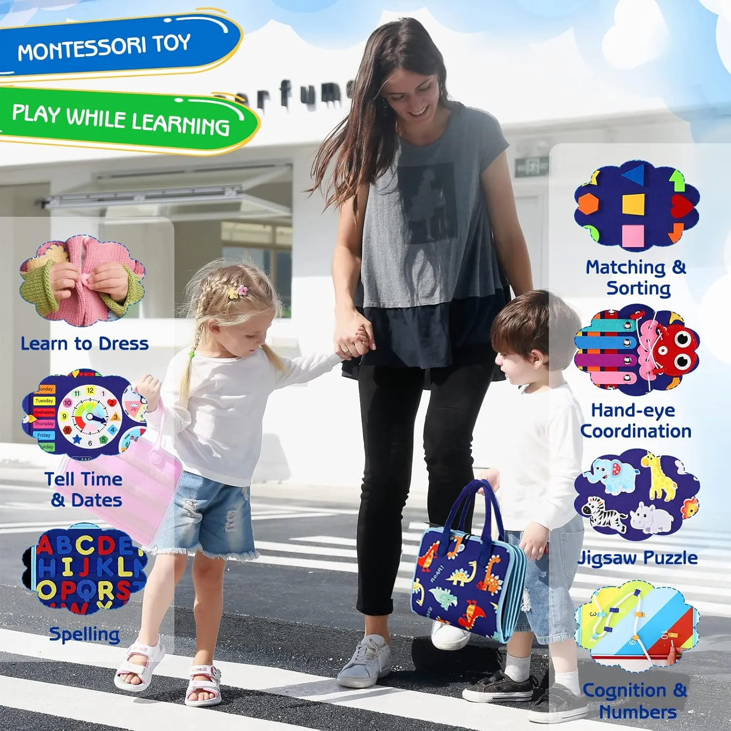 Esjay Toddler Busy Board Montessori Toys, Sensory Board Educational Activities for Learning Fine Motor Skills, Gifts for Girls Boys Toddlers, Travel Toys for Airplane Car,Blue Dinosaur