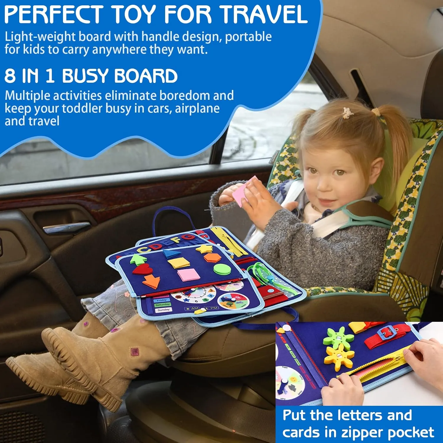 Esjay Toddler Busy Board Montessori Toys, Sensory Board Educational Activities for Learning Fine Motor Skills, Gifts for Girls Boys Toddlers, Travel Toys for Airplane Car,Blue Dinosaur