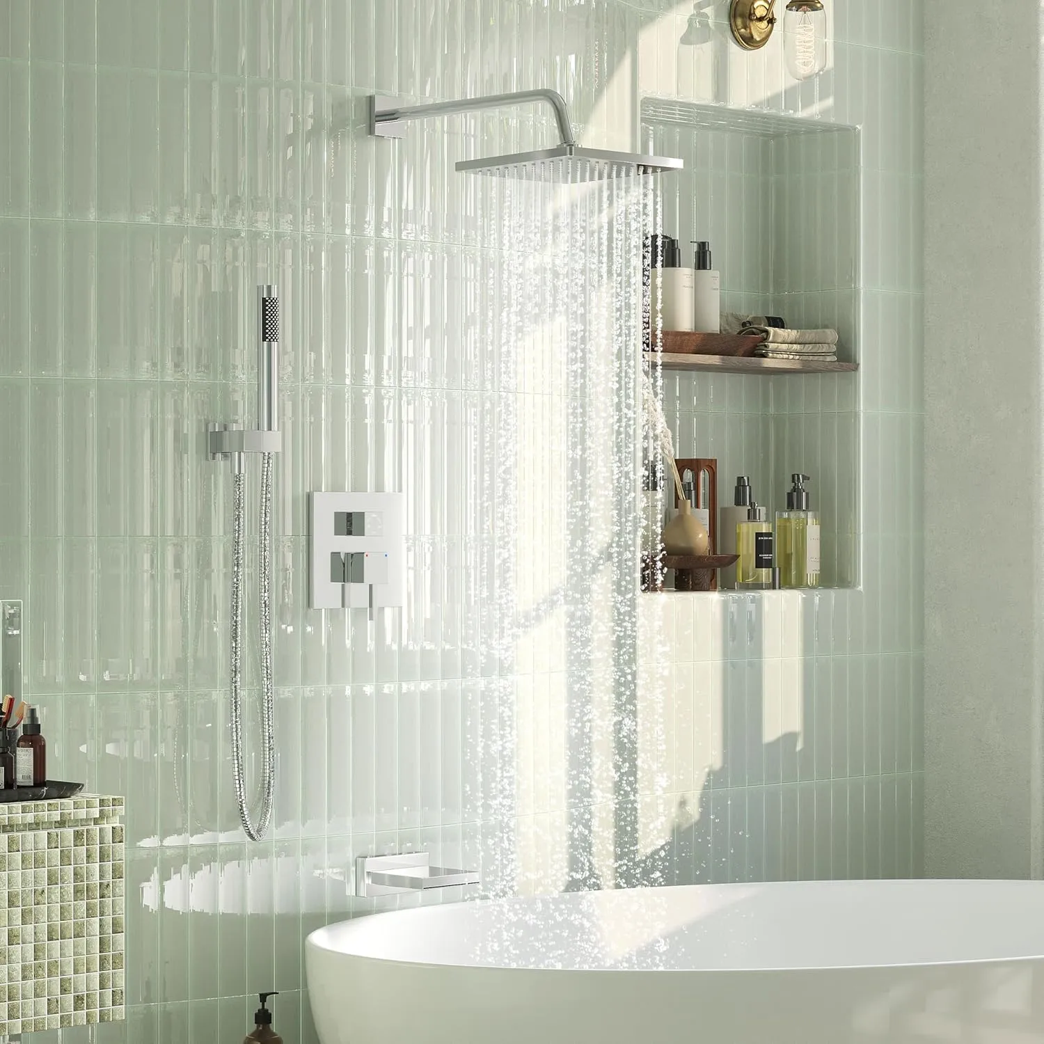 Esnbia Bathtub Shower Faucet Set, Rain Shower System with Tub Spout, 10 Inches Shower Heads with Handheld Spray Combo, Wall Mounted Shower Fixtures with Shower Valve kit, Chrome