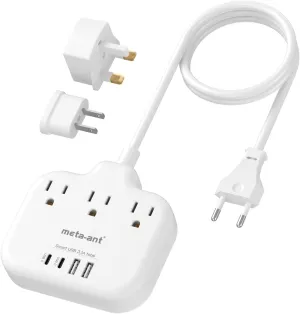 European Travel Plug Adapter, US to European Plug Adapter with 3 American Outlets & 4 USB, 3ft European Power Cord, International Travel Power Strip, Type C for Europe EU Germany France, Travel, White