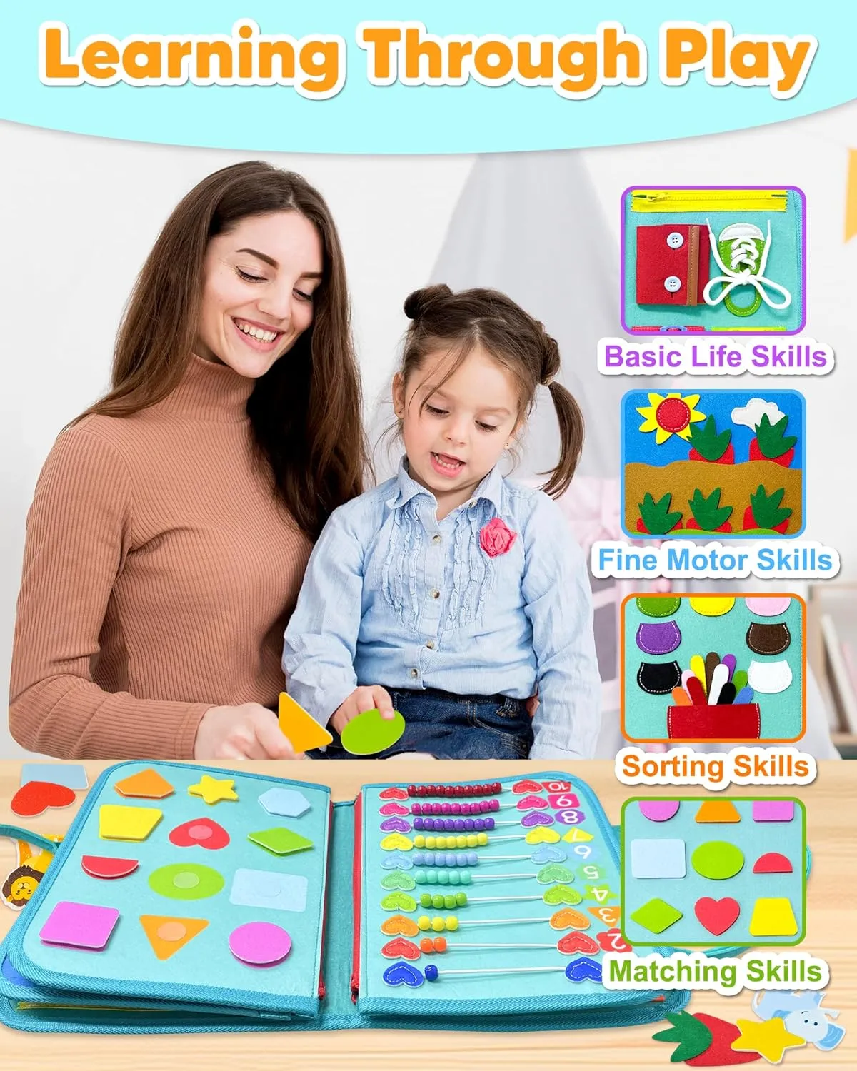 Exorany Busy Board Montessori Toys for Toddler Boy Girl Birthday Gifts, Busy Book Sensory Learning Toys for Toddlers, Toddler Travel Educational Activities