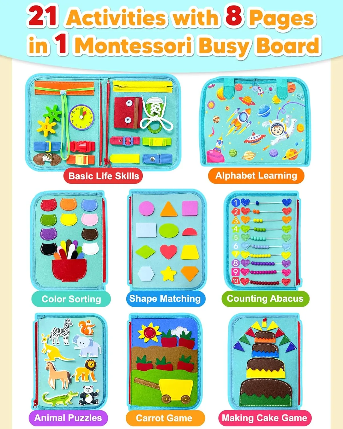 Exorany Busy Board Montessori Toys for Toddler Boy Girl Birthday Gifts, Busy Book Sensory Learning Toys for Toddlers, Toddler Travel Educational Activities