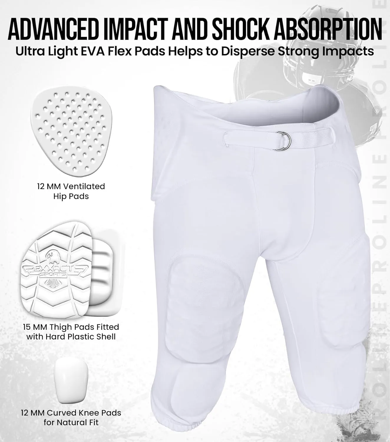 Exxact Sports Proline Men's Integrated Football Pants with 7 Flex Pads, Lightweight Football Practice Pants for Protection