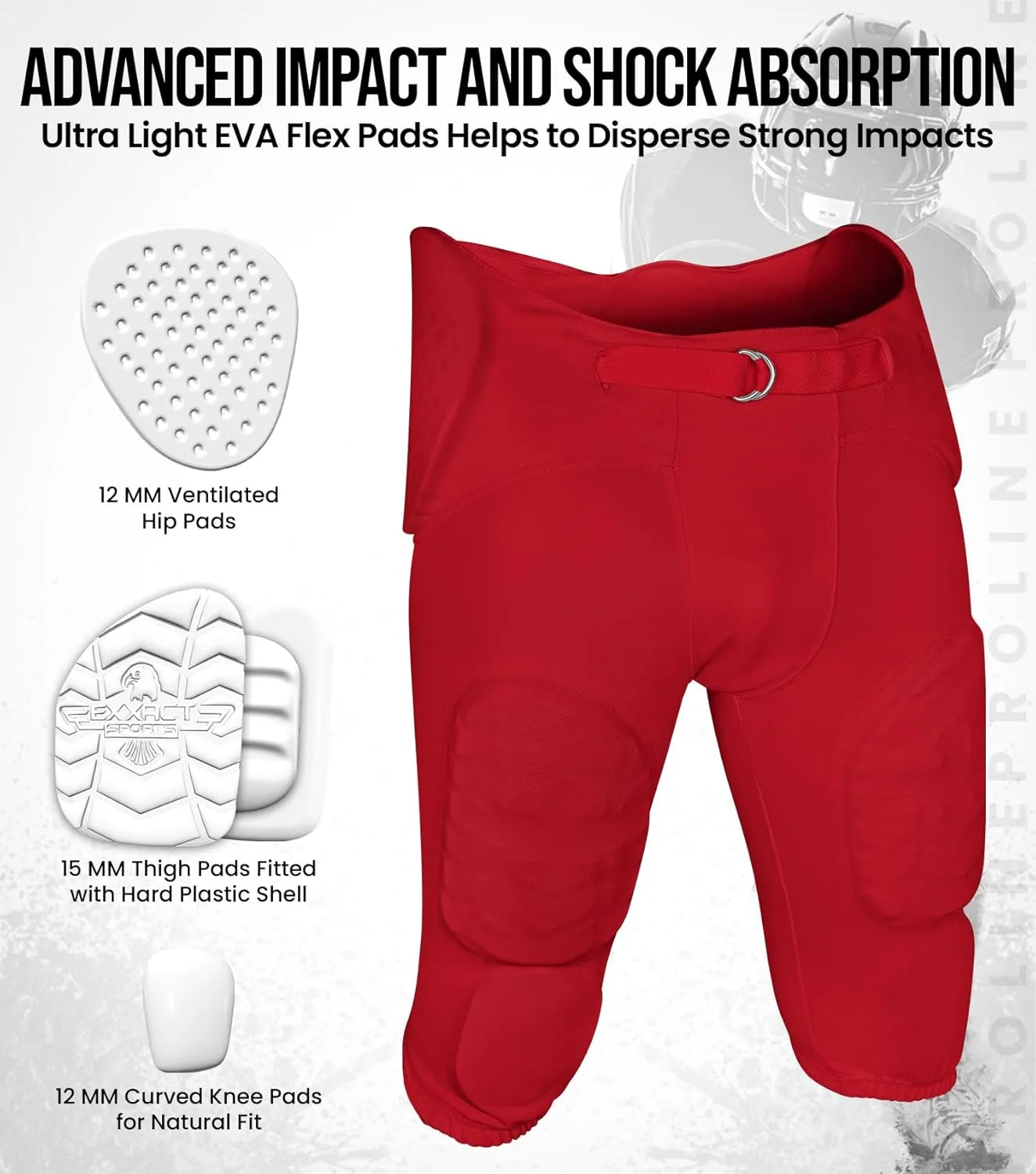 Exxact Sports Proline Men's Integrated Football Pants with 7 Flex Pads, Lightweight Football Practice Pants for Protection