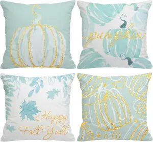 Fall Pillow Covers 20x20 Inch Set of 4 Glitter Pumpkins Cyan Throw Pillowcase Autumn Harvest Farmhouse Home Decorations Sofa Bedroom Cushion Case