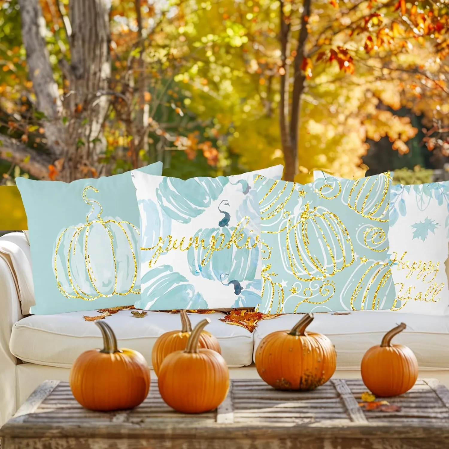 Fall Pillow Covers 20x20 Inch Set of 4 Glitter Pumpkins Cyan Throw Pillowcase Autumn Harvest Farmhouse Home Decorations Sofa Bedroom Cushion Case