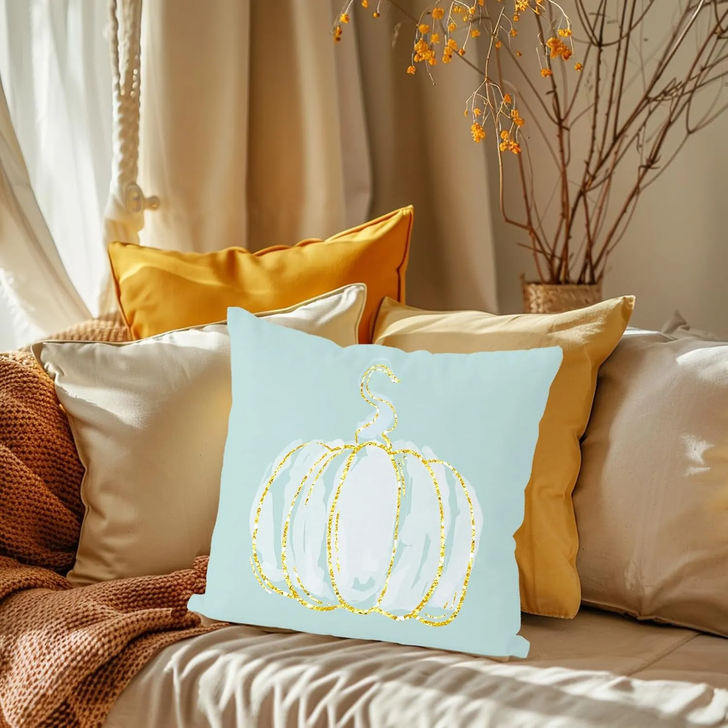 Fall Pillow Covers 20x20 Inch Set of 4 Glitter Pumpkins Cyan Throw Pillowcase Autumn Harvest Farmhouse Home Decorations Sofa Bedroom Cushion Case