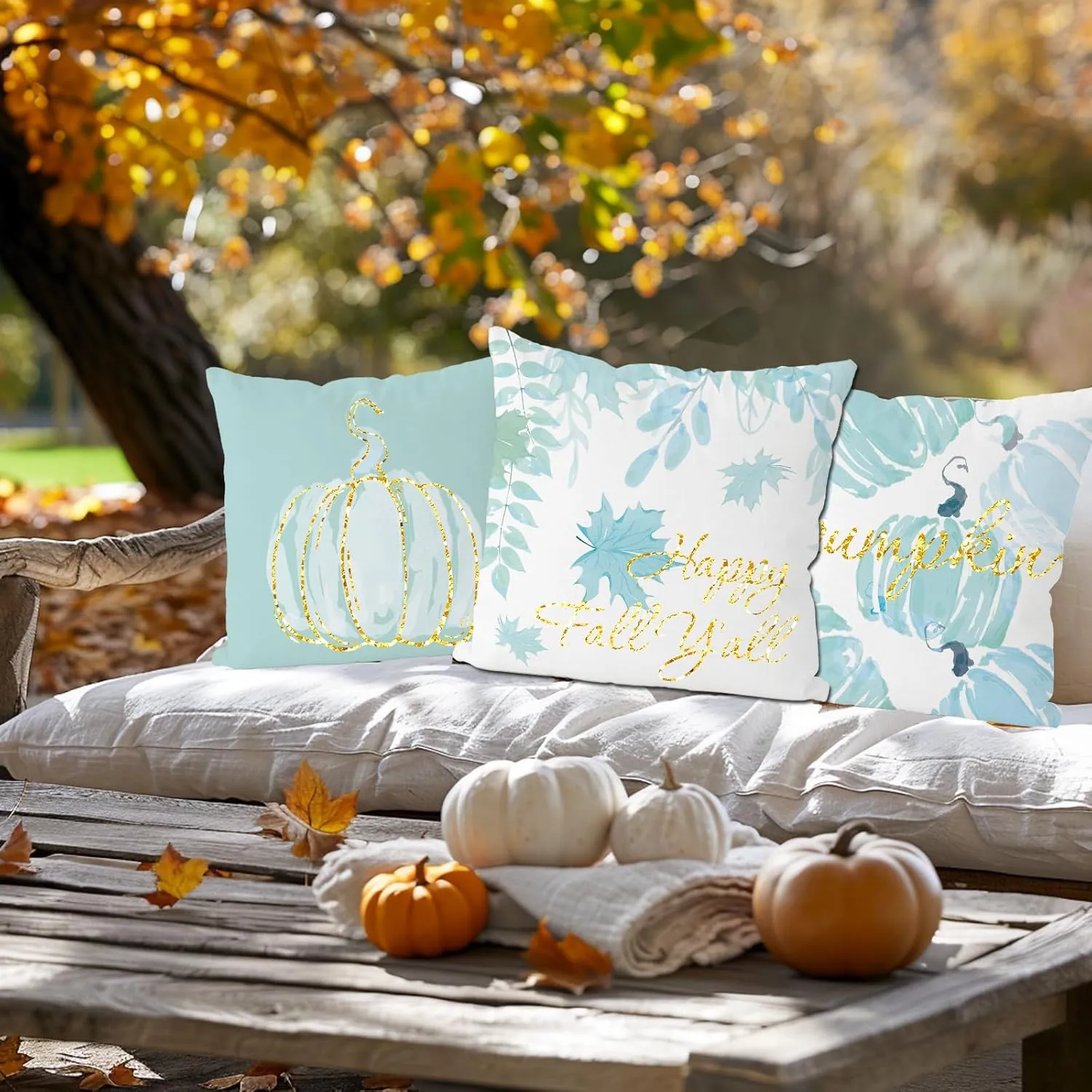 Fall Pillow Covers 20x20 Inch Set of 4 Glitter Pumpkins Cyan Throw Pillowcase Autumn Harvest Farmhouse Home Decorations Sofa Bedroom Cushion Case