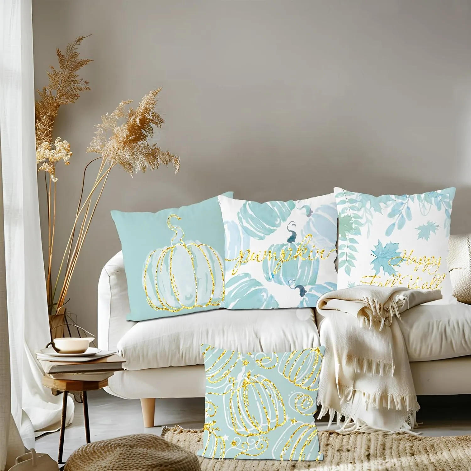 Fall Pillow Covers 20x20 Inch Set of 4 Glitter Pumpkins Cyan Throw Pillowcase Autumn Harvest Farmhouse Home Decorations Sofa Bedroom Cushion Case