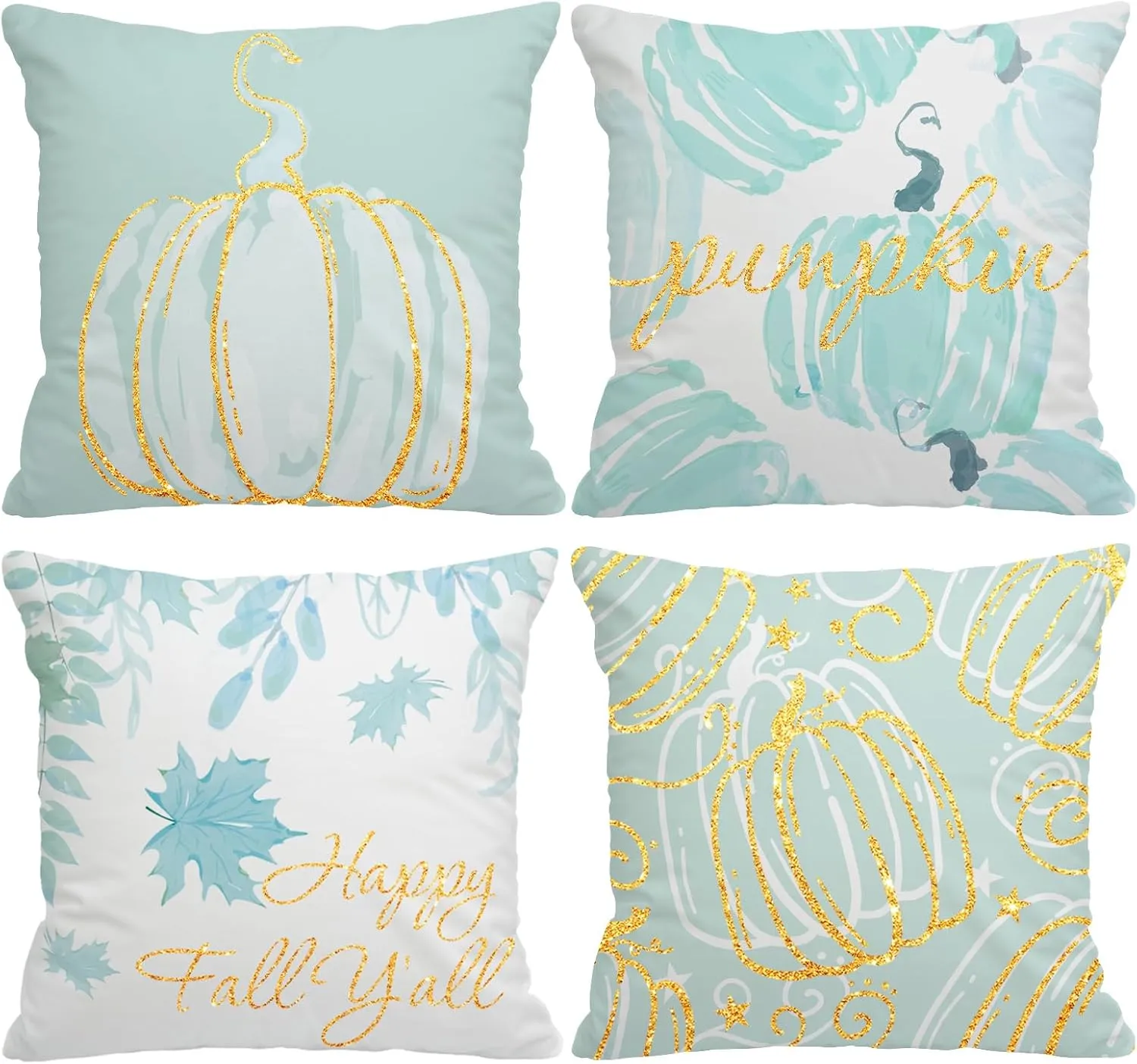 Fall Pillow Covers 20x20 Inch Set of 4 Glitter Pumpkins Cyan Throw Pillowcase Autumn Harvest Farmhouse Home Decorations Sofa Bedroom Cushion Case