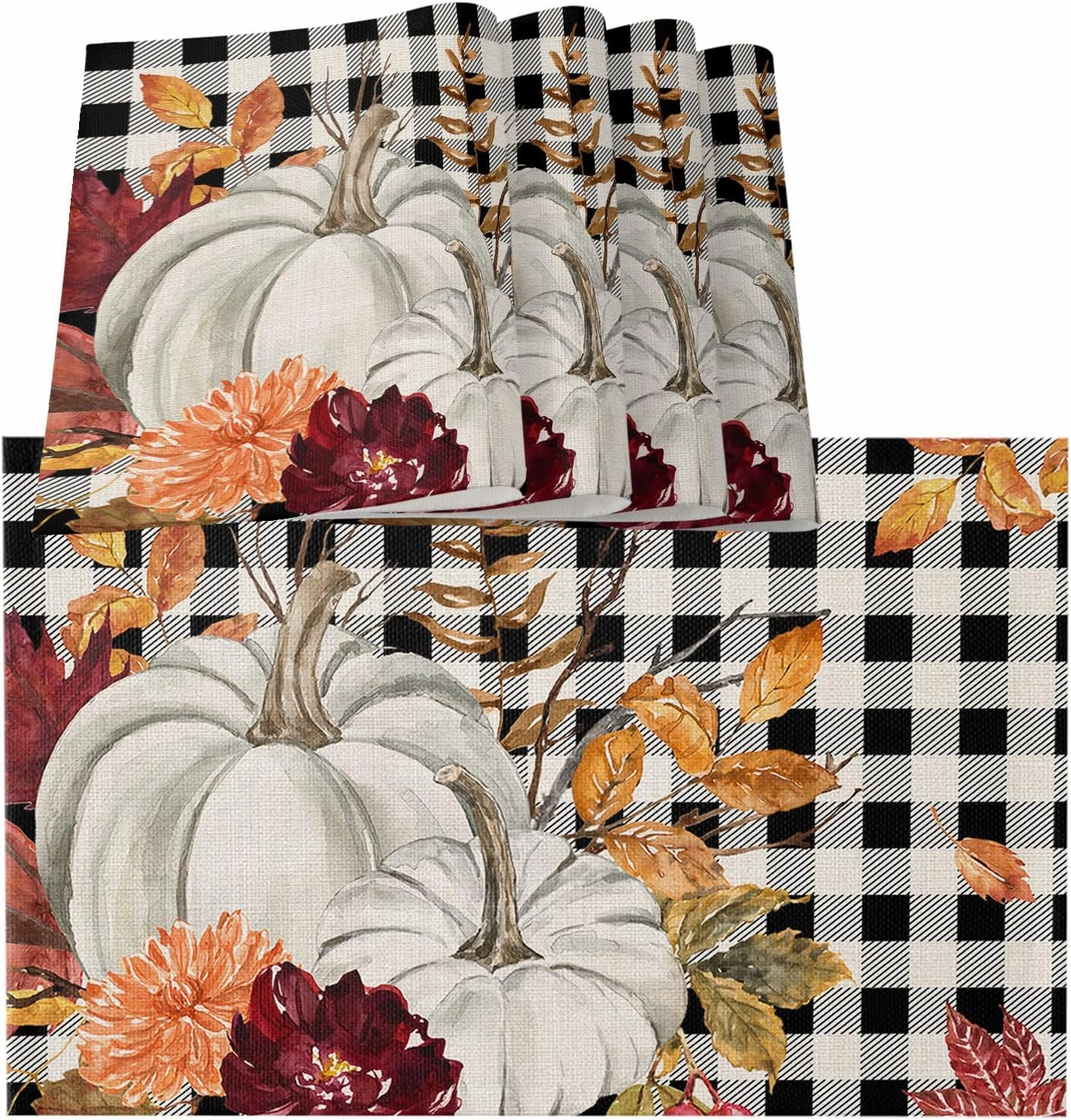 Fall Pumpkin Placemats for Dining Table Set of 6, Cloth Placemat Dining Table Place Mats for Kitchen Non Slip Washable Table Mats Yellow Maple Leaf Buffalo Plaid