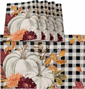 Fall Pumpkin Placemats for Dining Table Set of 6, Cloth Placemat Dining Table Place Mats for Kitchen Non Slip Washable Table Mats Yellow Maple Leaf Buffalo Plaid