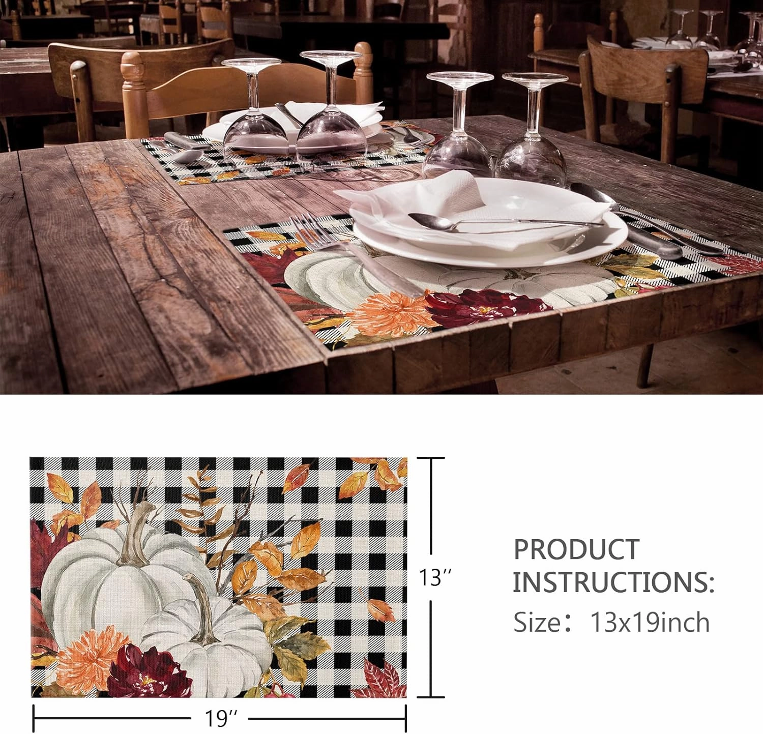 Fall Pumpkin Placemats for Dining Table Set of 6, Cloth Placemat Dining Table Place Mats for Kitchen Non Slip Washable Table Mats Yellow Maple Leaf Buffalo Plaid
