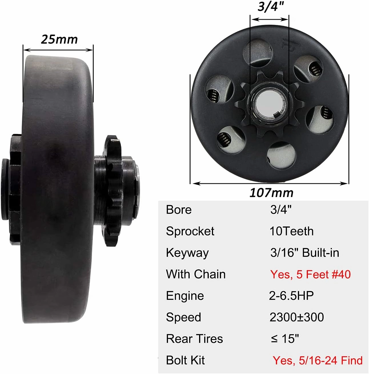 FDJ Go Kart Clutch 3/4 Bore 10 Tooth with 40 Chain Centrifugal Clutch 3/4" and Chain Set for Predator 212cc Small Engine Mini bike Lawnmower Fun Kart