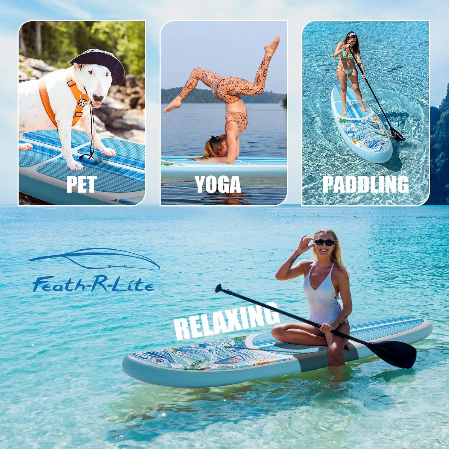 FEATH-R-LITE Inflatable Paddle Board Stand Up Paddleboards for Adults SUP with Premium Accessories Pump, Adjustable Paddle, Leash, Three Fins, Backpack
