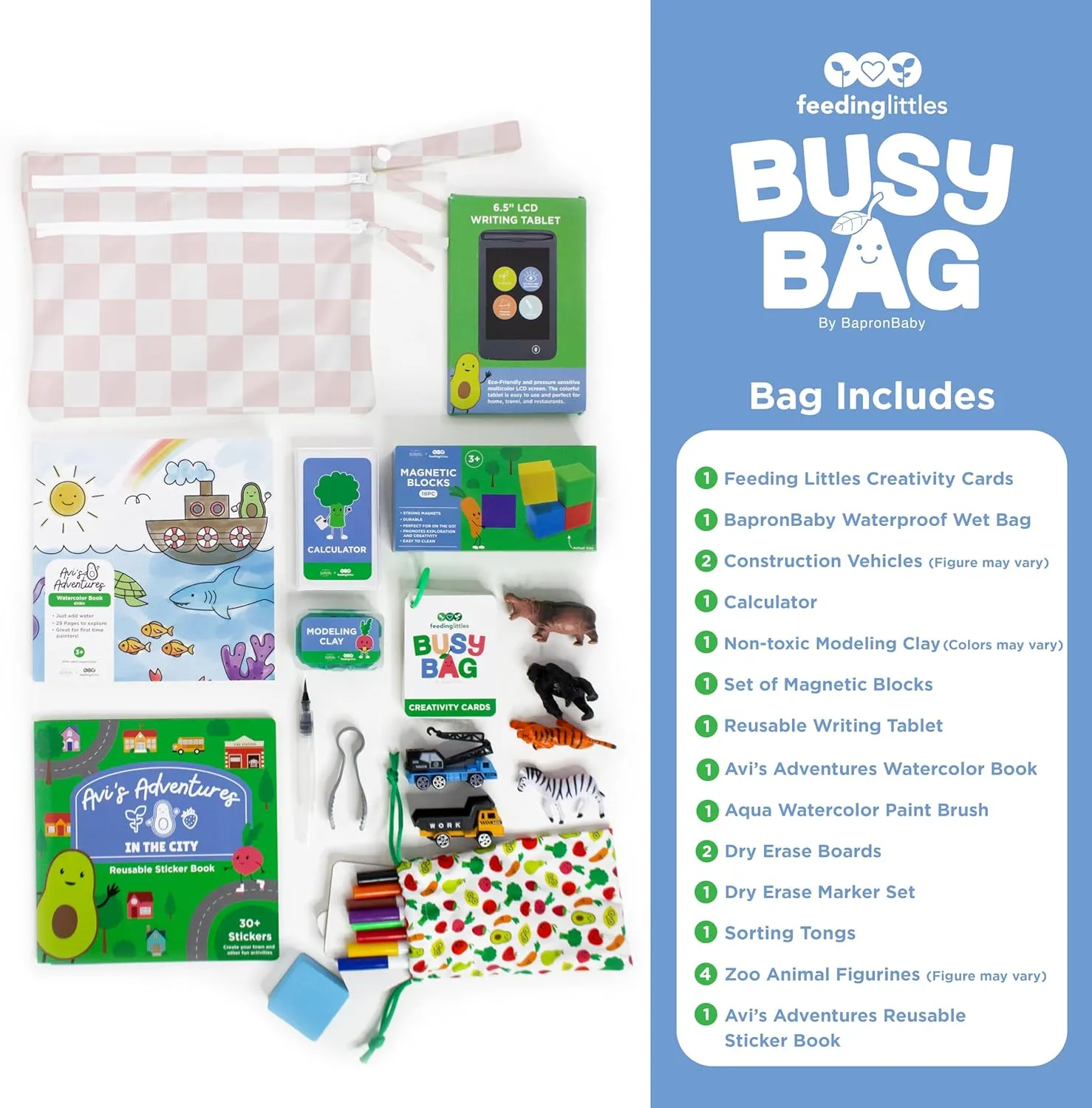 Feeding Littles Busy Bag by BapronBaby (Pink Checkerboard) - Toddler Travel Activity Kit, Restaurant Activity Kit for Independent and Family-Wide Play, Age 3 
