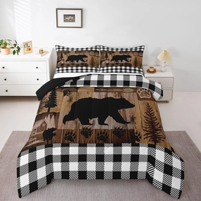Feelyou Bear Bedding Set - Wild Animal Comforter Set for Kids Boys Girls Teens Room Decor, Queen Size Wildlife Bear Black White Buffalo Check Duvet Set 3Pcs