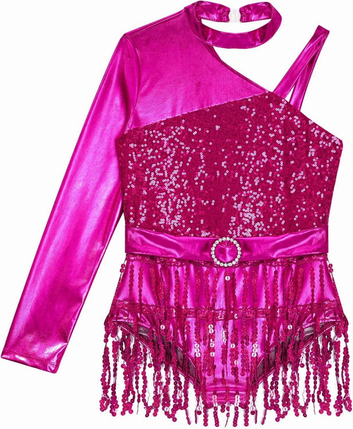 FEESHOW Kids Girls Sequin Tassel Hem Latin Dance Leotard Dress Modern Jazz Tango Rumba Samba Salsa Dance Costume