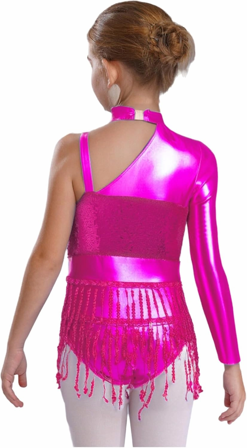 FEESHOW Kids Girls Sequin Tassel Hem Latin Dance Leotard Dress Modern Jazz Tango Rumba Samba Salsa Dance Costume