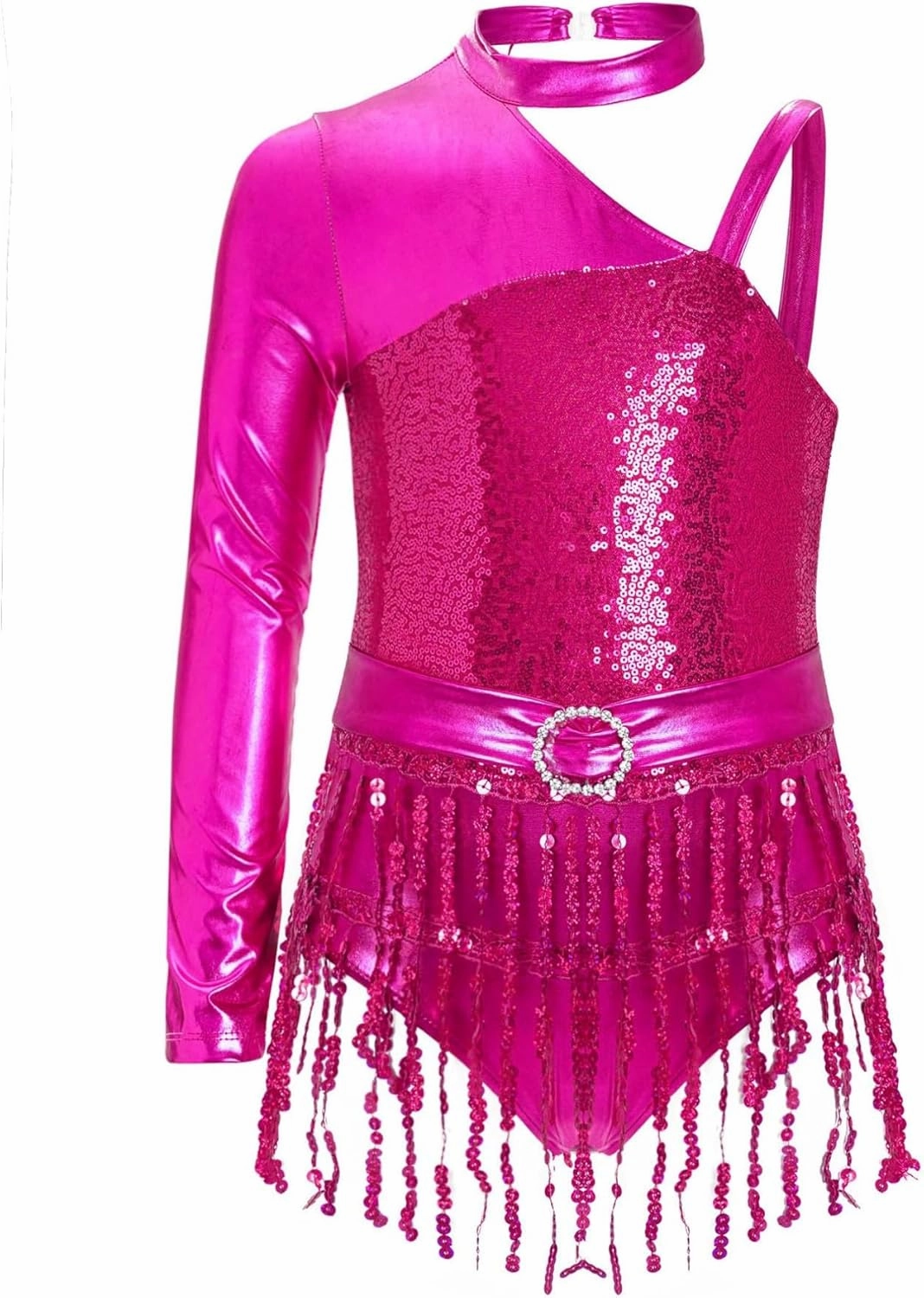 FEESHOW Kids Girls Sequin Tassel Hem Latin Dance Leotard Dress Modern Jazz Tango Rumba Samba Salsa Dance Costume
