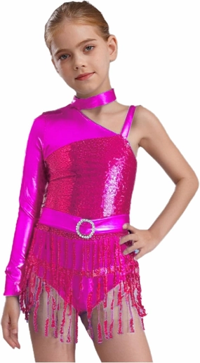 FEESHOW Kids Girls Sequin Tassel Hem Latin Dance Leotard Dress Modern Jazz Tango Rumba Samba Salsa Dance Costume