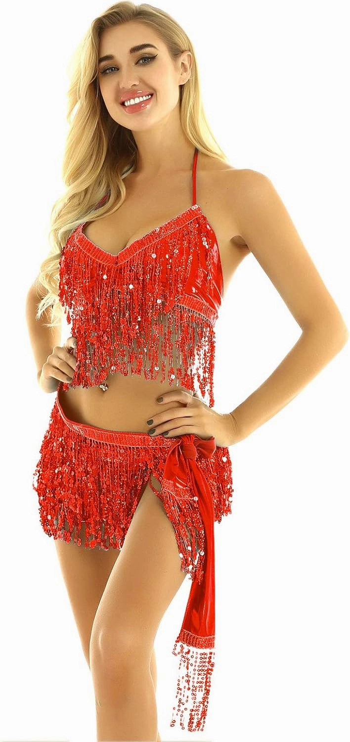 FEESHOW Women's Belly Dance Costume Set Sequin Tassel Fringe Skirt Samba Dancewear