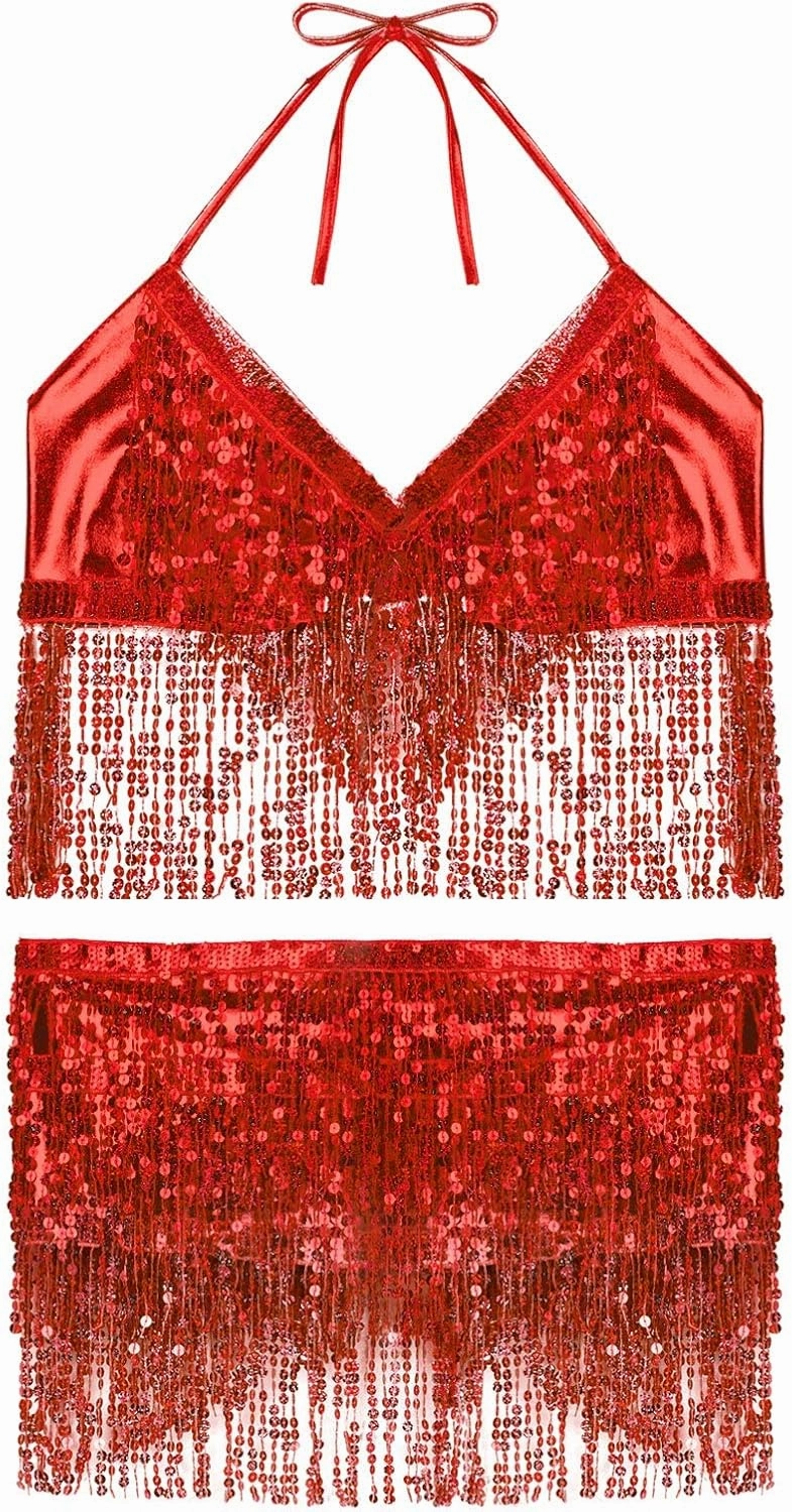 FEESHOW Women's Belly Dance Costume Set Sequin Tassel Fringe Skirt Samba Dancewear