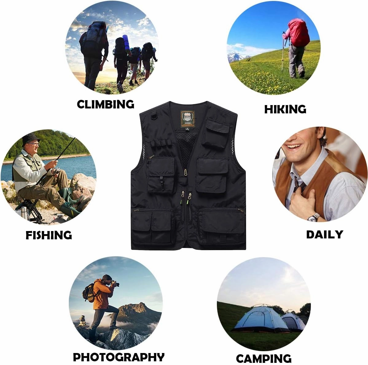 FEOYA Men Fishing Vest Multi Pockets Zipper Lightweight Plus Vest for Photography Climbing Hiking