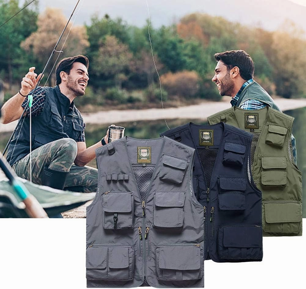 FEOYA Men Fishing Vest Multi Pockets Zipper Lightweight Plus Vest for Photography Climbing Hiking