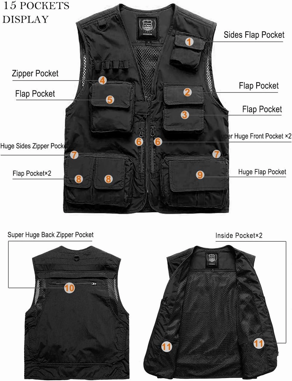 FEOYA Men Fishing Vest Multi Pockets Zipper Lightweight Plus Vest for Photography Climbing Hiking