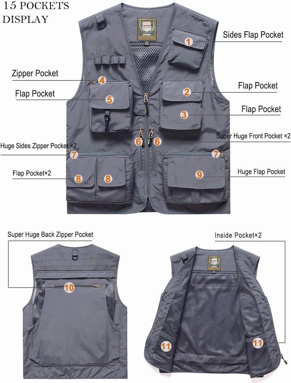 FEOYA Men Fishing Vest Multi Pockets Zipper Lightweight Plus Vest for Photography Climbing Hiking