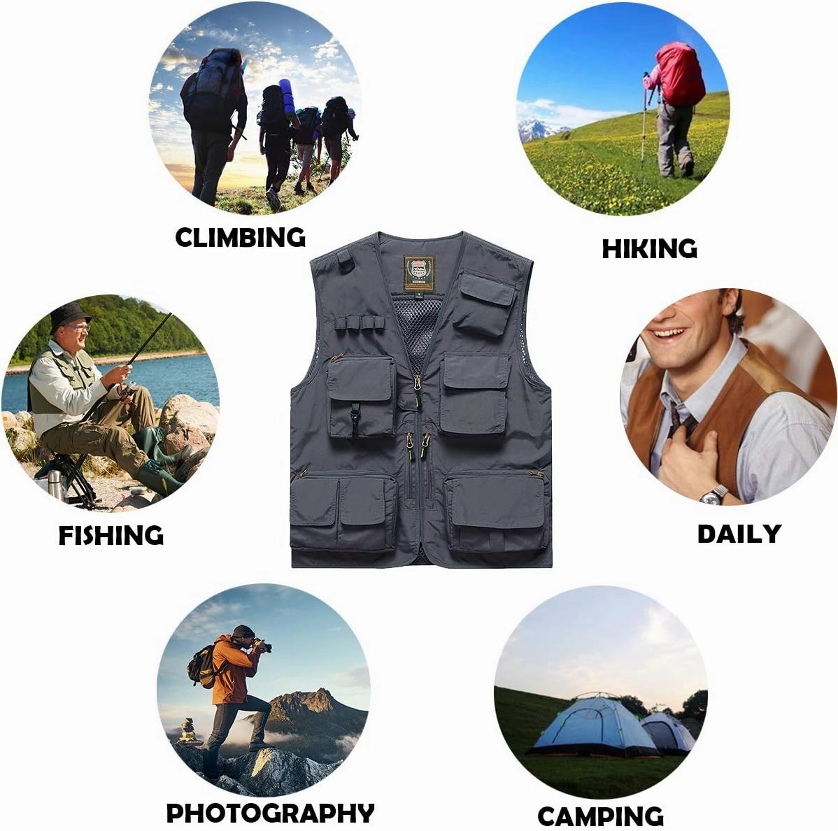 FEOYA Men Fishing Vest Multi Pockets Zipper Lightweight Plus Vest for Photography Climbing Hiking