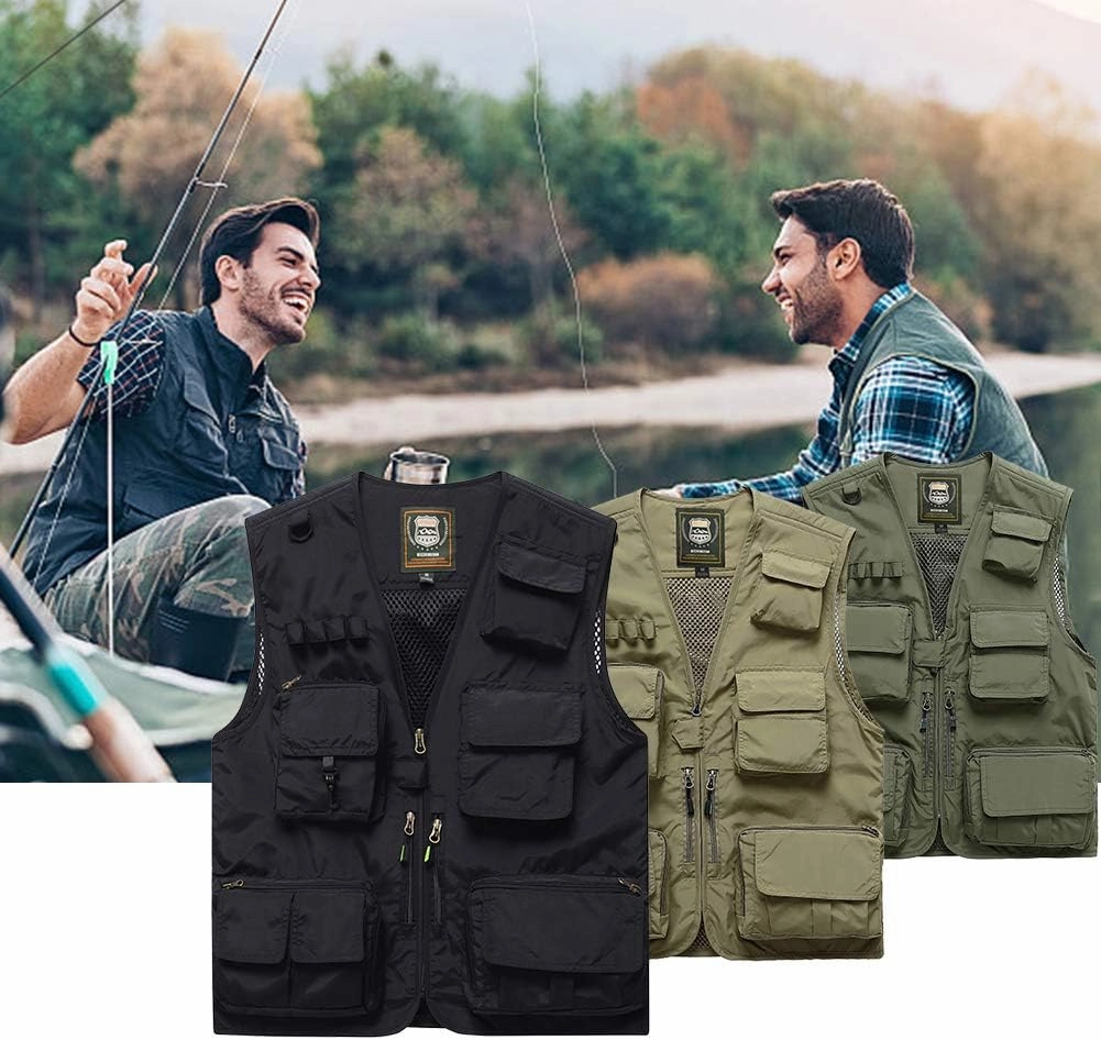 FEOYA Men Fishing Vest Multi Pockets Zipper Lightweight Plus Vest for Photography Climbing Hiking