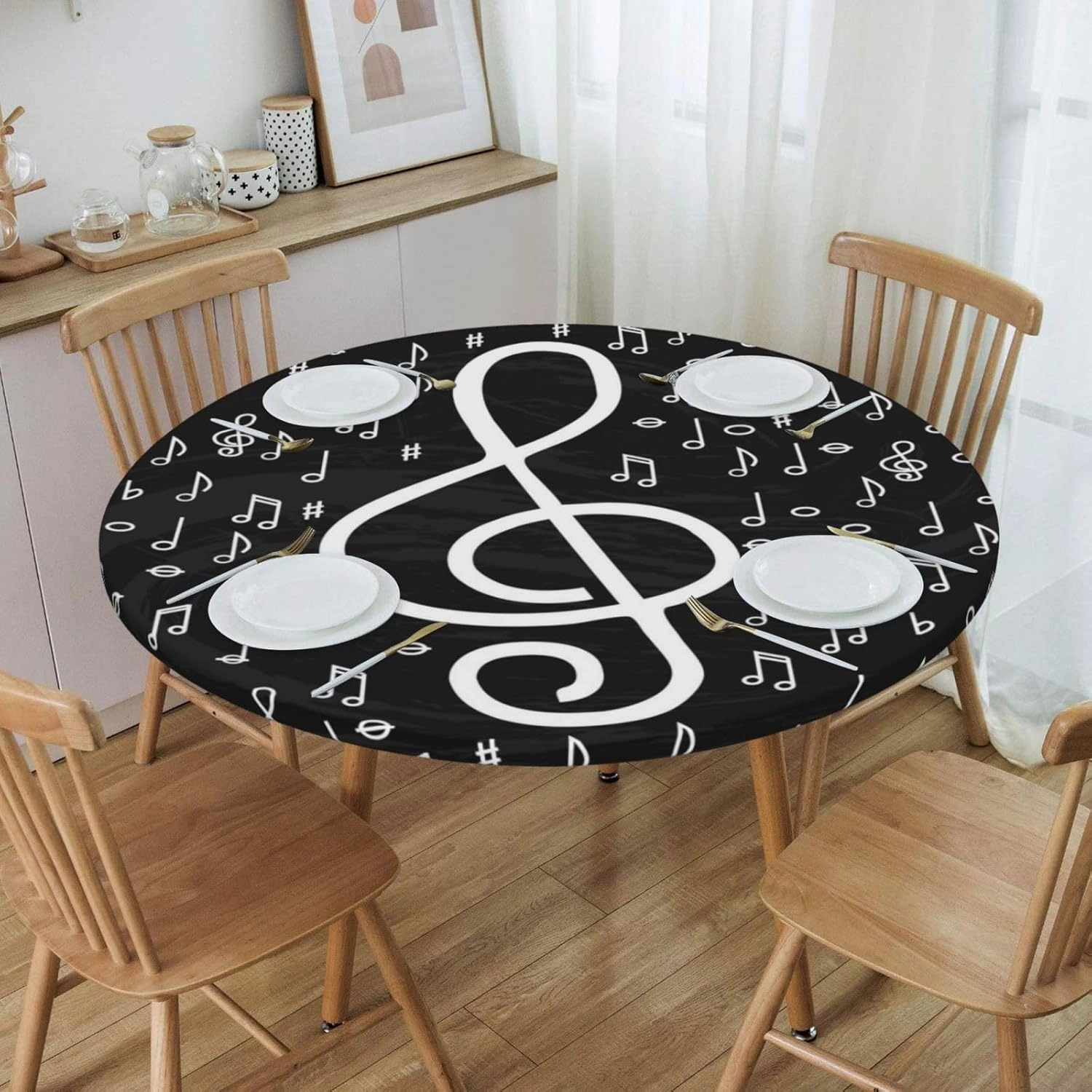 Fiokroo Music Notes Tablecloth with Elastic Edge, Round Table Cloth Musical Symbols Washable Reusable Table Cover for Kitchen Dining Party Picnic, Small (Suitable for 40-44 in)