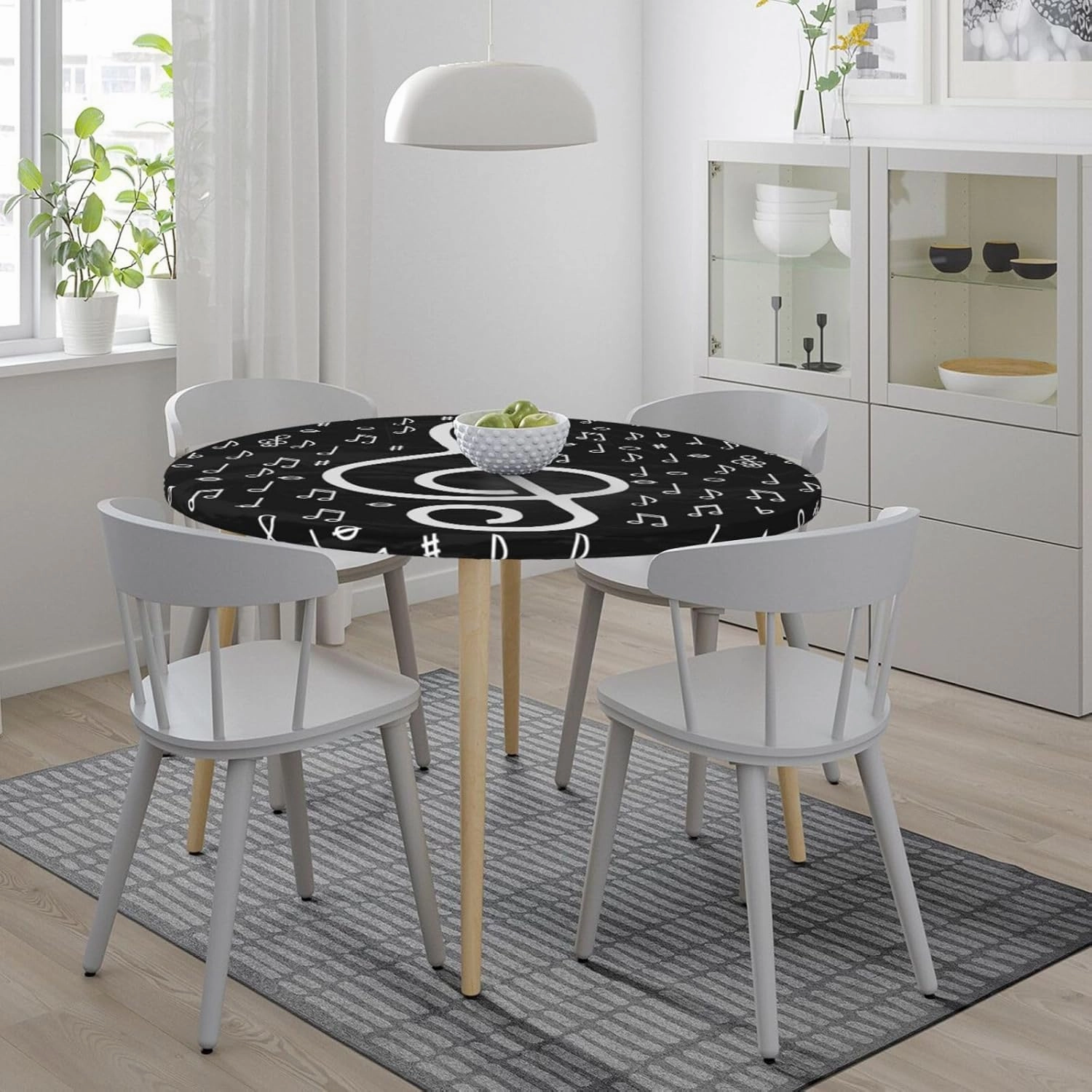 Fiokroo Music Notes Tablecloth with Elastic Edge, Round Table Cloth Musical Symbols Washable Reusable Table Cover for Kitchen Dining Party Picnic, Small (Suitable for 40-44 in)