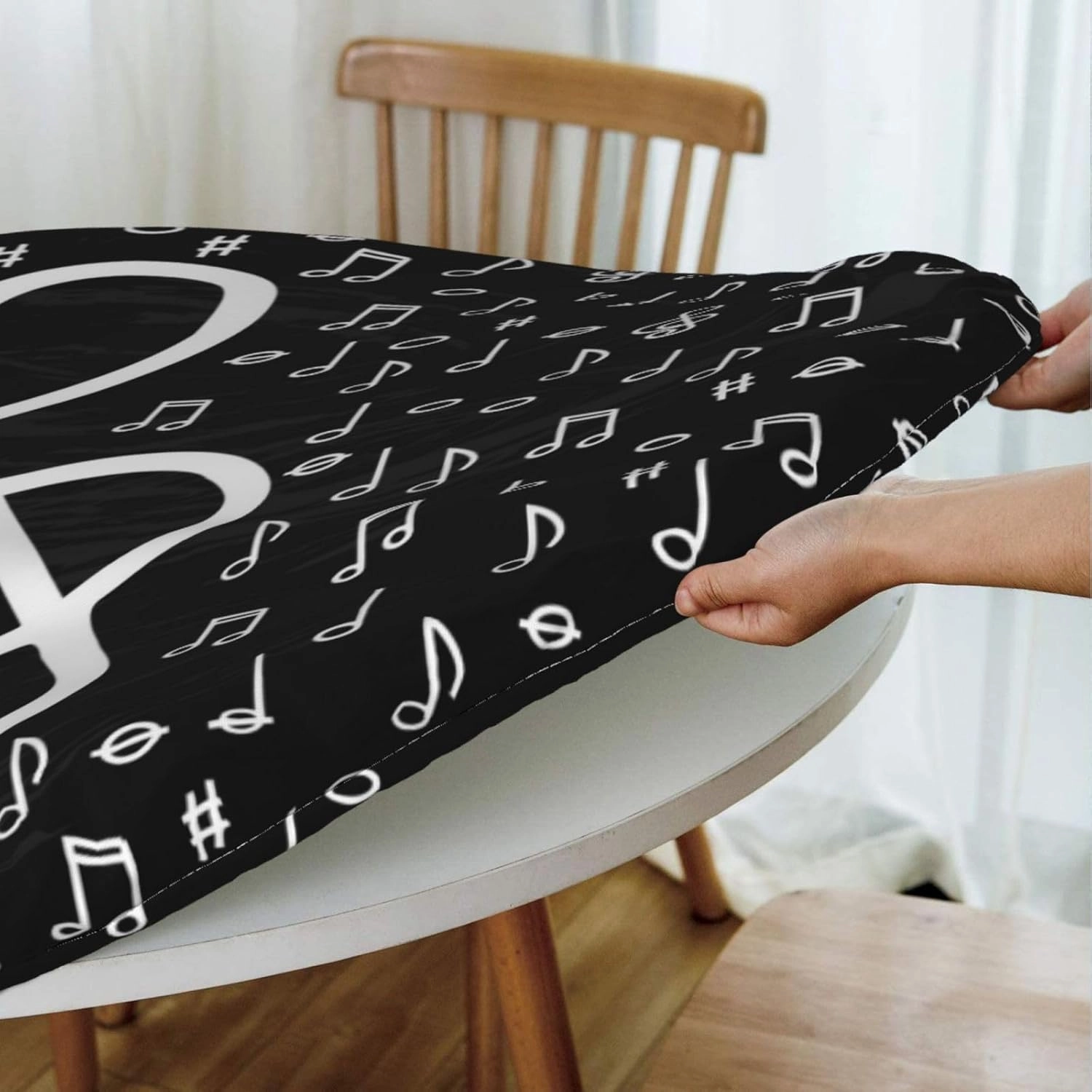 Fiokroo Music Notes Tablecloth with Elastic Edge, Round Table Cloth Musical Symbols Washable Reusable Table Cover for Kitchen Dining Party Picnic, Small (Suitable for 40-44 in)