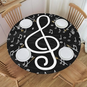Fiokroo Music Notes Tablecloth with Elastic Edge, Round Table Cloth Musical Symbols Washable Reusable Table Cover for Kitchen Dining Party Picnic, Small (Suitable for 40-44 in)