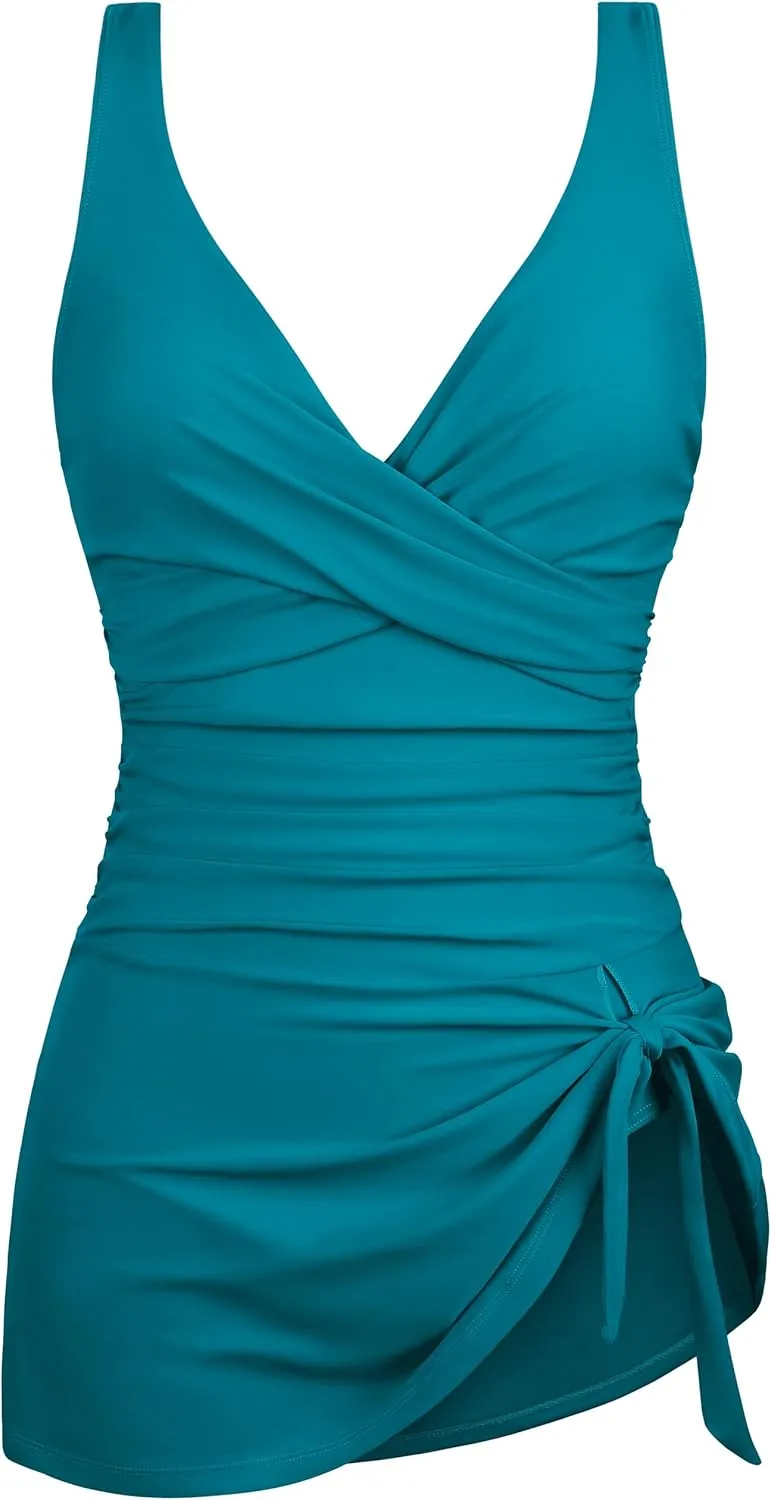 Firpearl Women's Underwire One Piece Swimdress Tummy Control Slimming Swim Dresses Criss Cross V Neck Skirt Bathing Suit