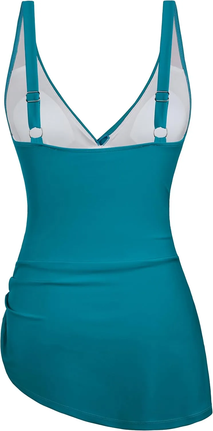 Firpearl Women's Underwire One Piece Swimdress Tummy Control Slimming Swim Dresses Criss Cross V Neck Skirt Bathing Suit