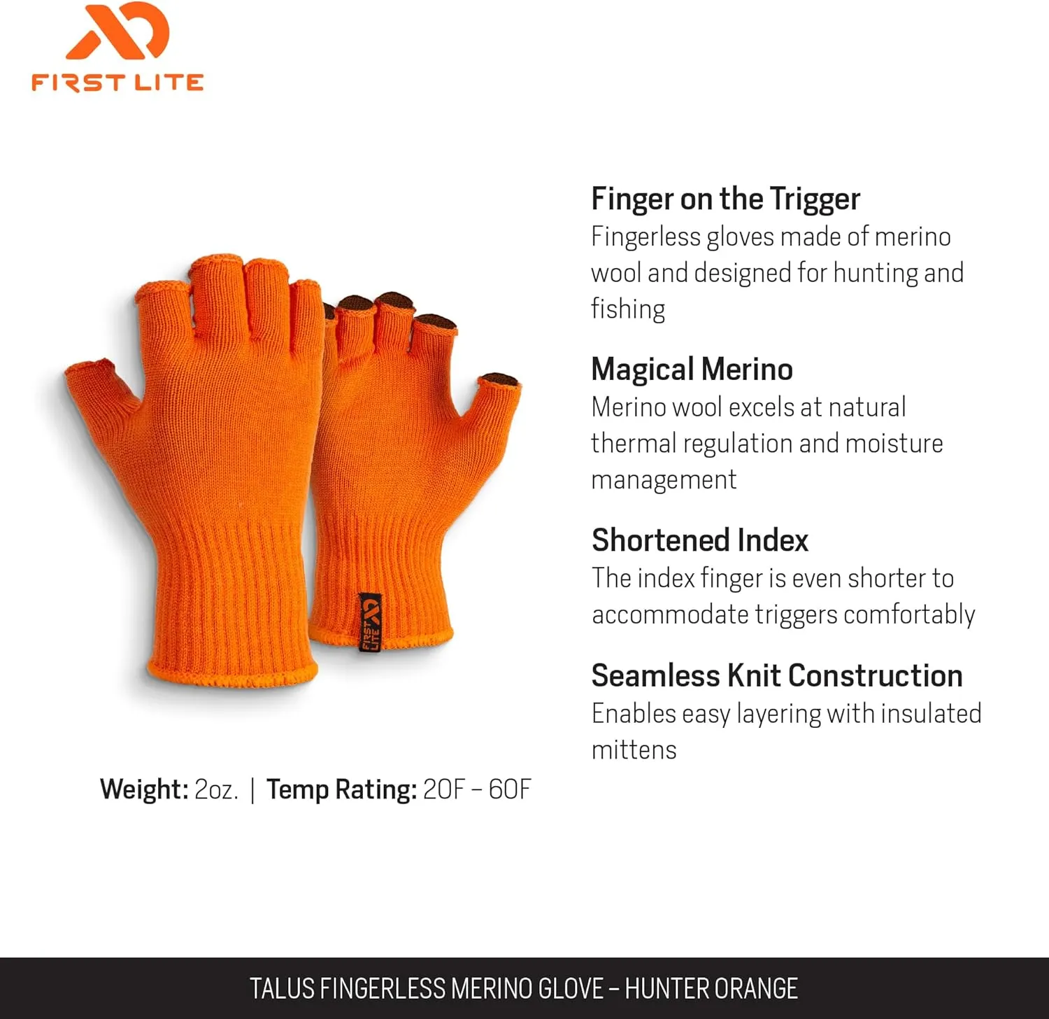 First Lite Talus Fingerless Merino Wool Glove - Lightweight Camo Hunting Gloves