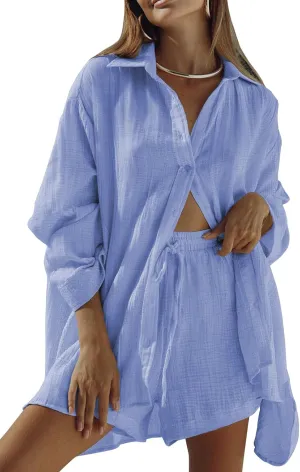Fixmatti Women 2 Piece Outfits Long Sleeve Button Down Blouse and Shorts Sweatsuit Sets
