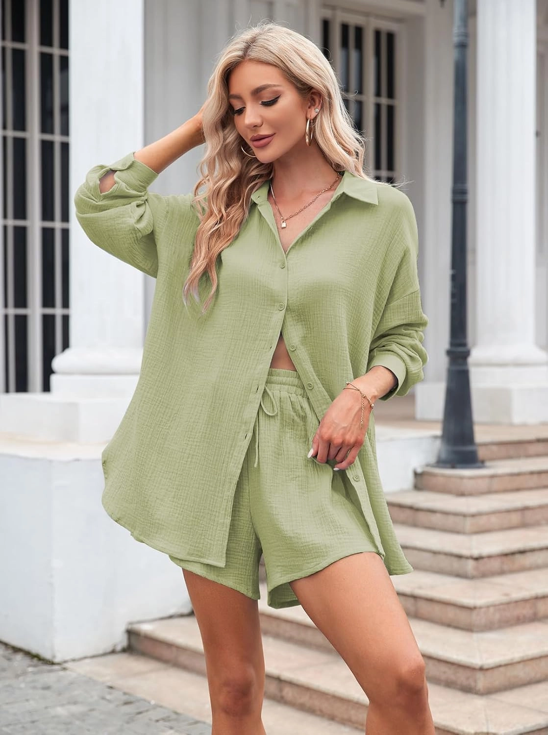 Fixmatti Women 2 Piece Outfits Long Sleeve Button Down Blouse and Shorts Sweatsuit Sets