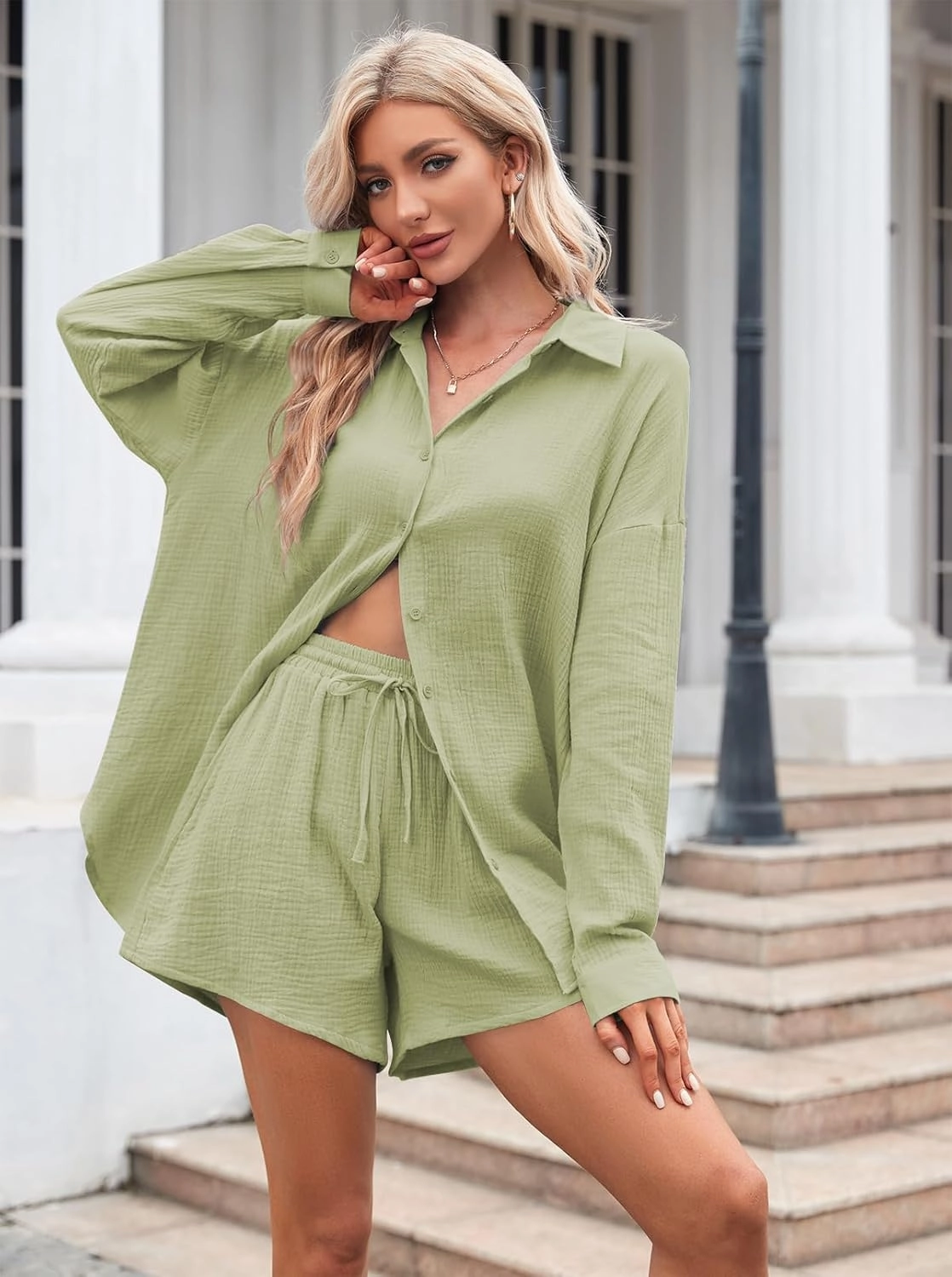 Fixmatti Women 2 Piece Outfits Long Sleeve Button Down Blouse and Shorts Sweatsuit Sets