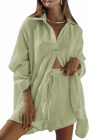 Fixmatti Women 2 Piece Outfits Long Sleeve Button Down Blouse and Shorts Sweatsuit Sets