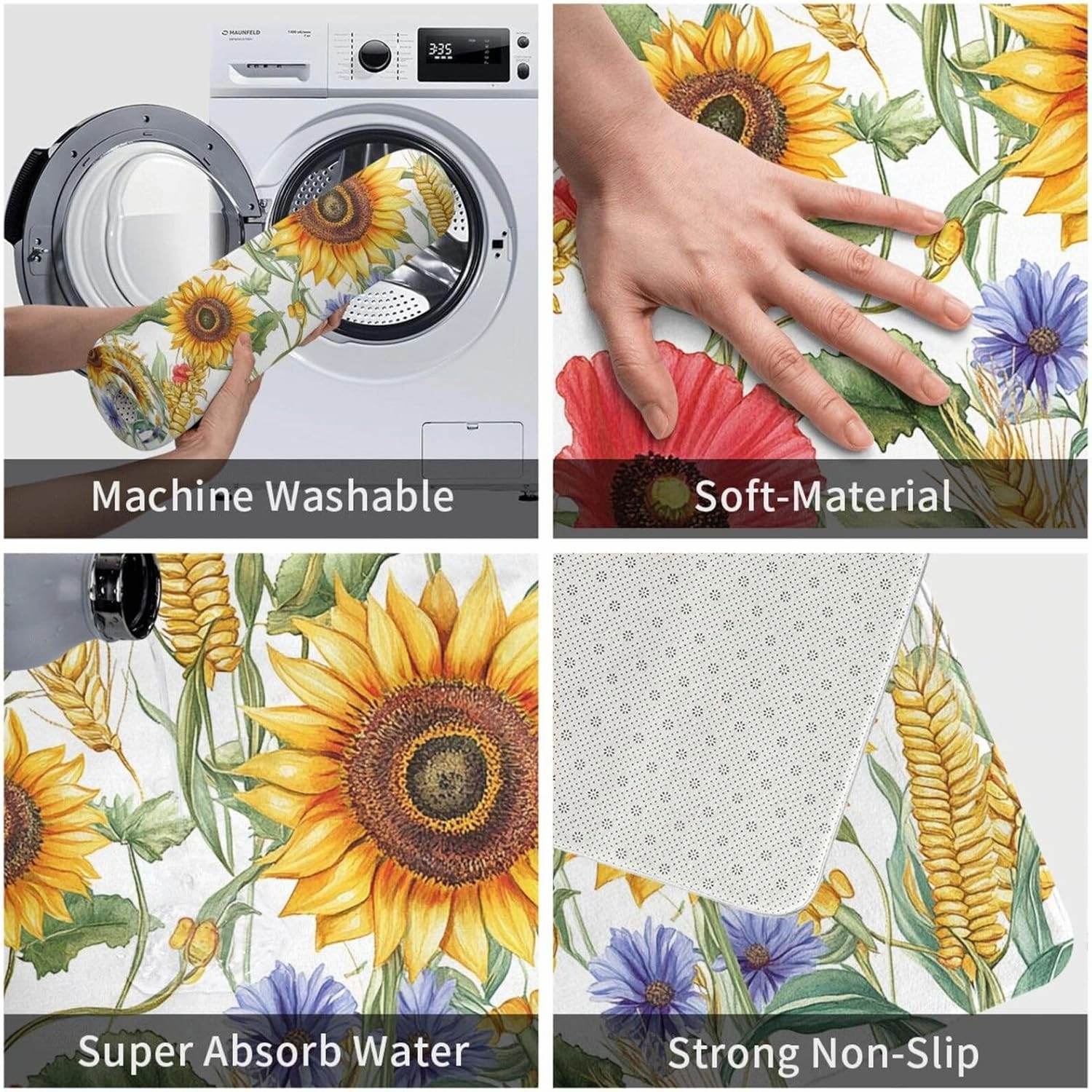 Flower Sunflower Popies Flannel Non-Slip Floor Mat, Washable Kitchen Rug 20x31.5in - Thick Polyester Indoor/Outdoor Door Mat for Front Entrance