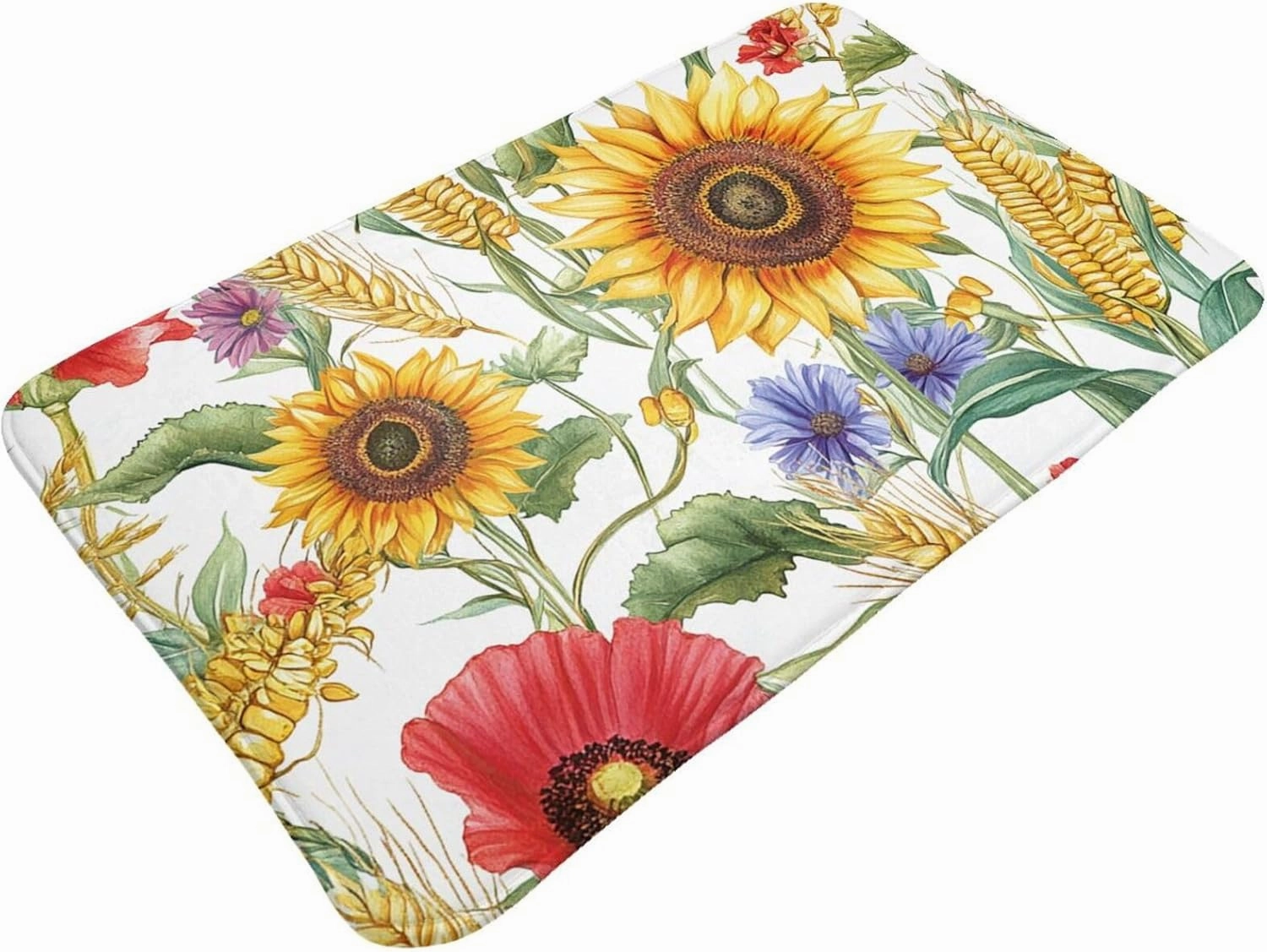 Flower Sunflower Popies Flannel Non-Slip Floor Mat, Washable Kitchen Rug 20x31.5in - Thick Polyester Indoor/Outdoor Door Mat for Front Entrance