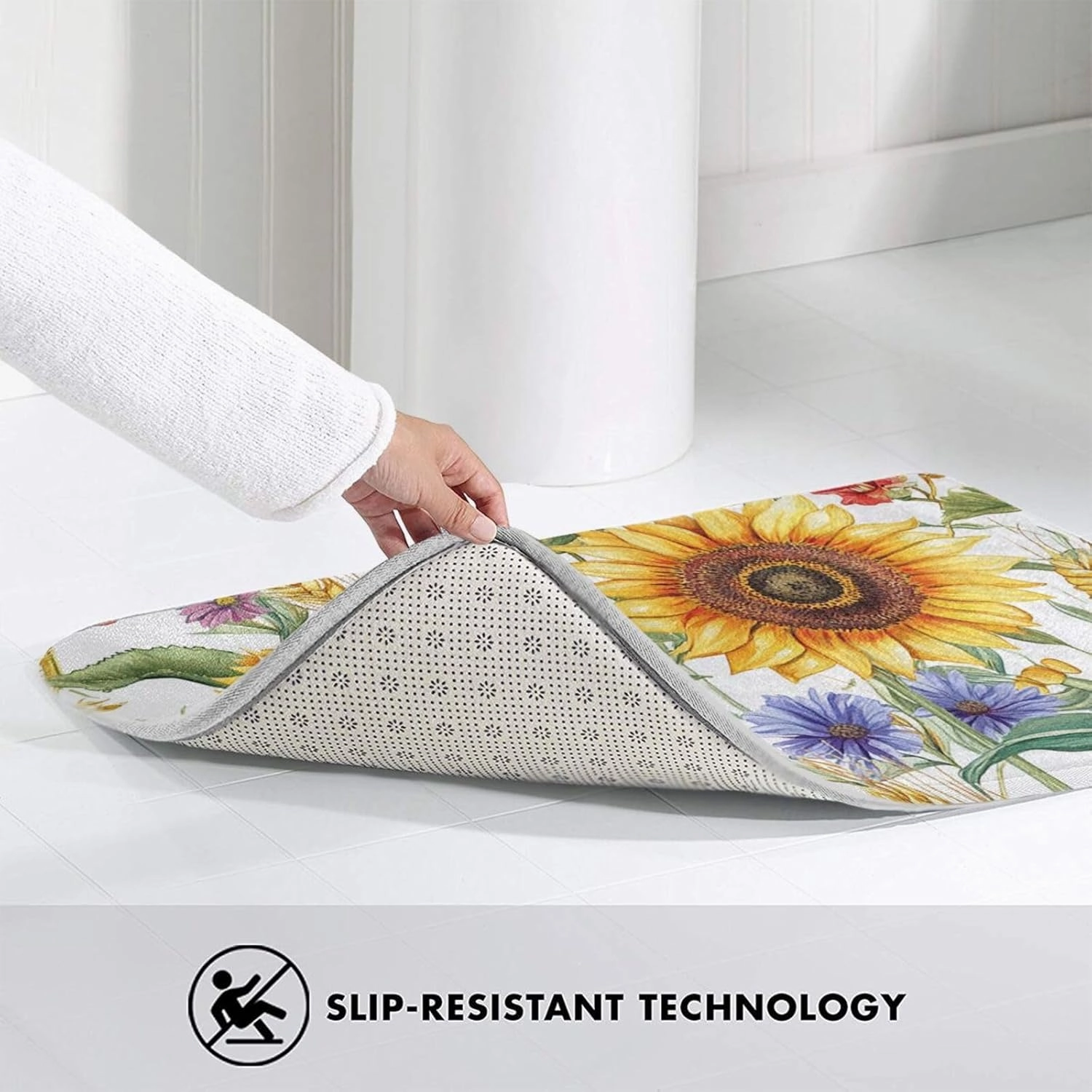 Flower Sunflower Popies Flannel Non-Slip Floor Mat, Washable Kitchen Rug 20x31.5in - Thick Polyester Indoor/Outdoor Door Mat for Front Entrance