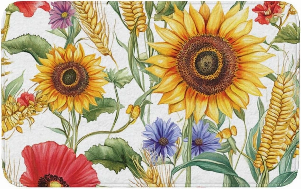 Flower Sunflower Popies Flannel Non-Slip Floor Mat, Washable Kitchen Rug 20x31.5in - Thick Polyester Indoor/Outdoor Door Mat for Front Entrance