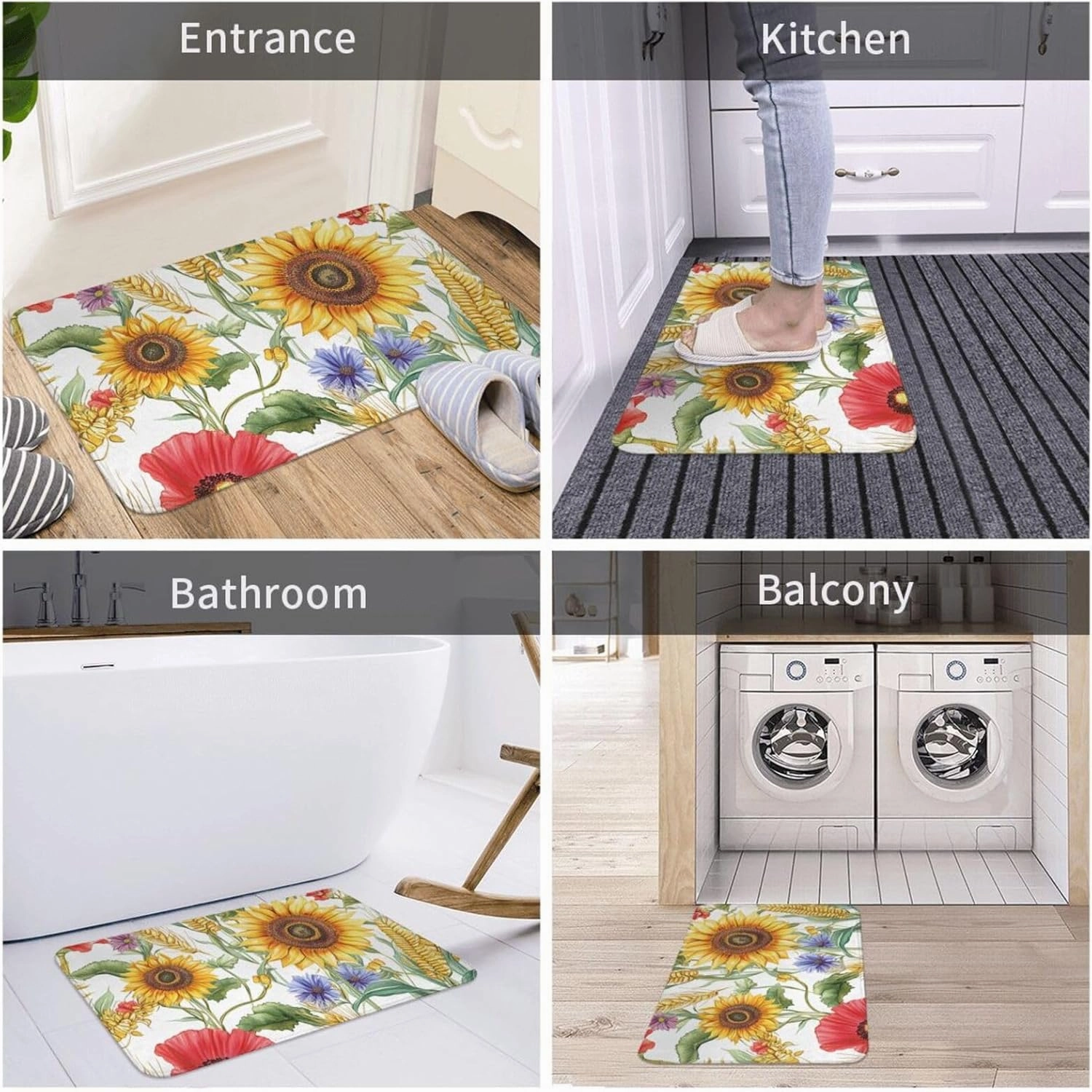 Flower Sunflower Popies Flannel Non-Slip Floor Mat, Washable Kitchen Rug 20x31.5in - Thick Polyester Indoor/Outdoor Door Mat for Front Entrance